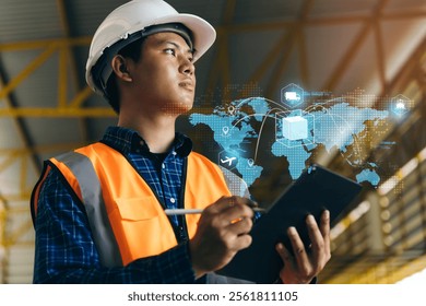 Engineer using tablet with warehouse management system, Futuristic innovation, Global logistics, Smart transport technology concept.