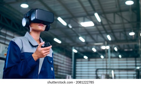 Engineer Is Using Virtual Reality Glasses To Inspect The Factory's Mechanical Control System.