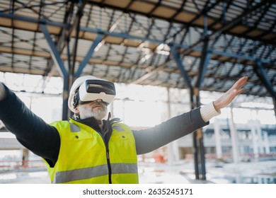 Engineer using virtual reality to inspect building progress.