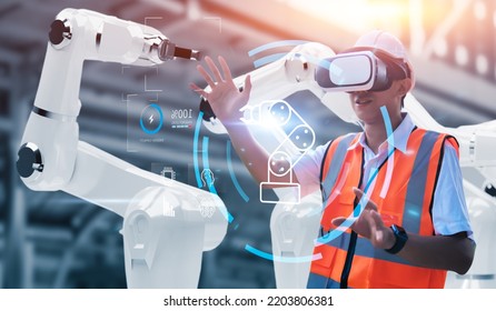 Engineer using virtual reality machine operating AI robot mechanical hand artificial intelligence technology, graphical user remote screen, interacting tablet device control working factory banner