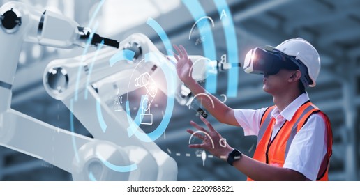 Engineer using virtual reality machine operating AI robot mechanical hand artificial intelligence technology, graphical user remote screen, interacting tablet device control working factory banner