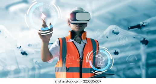 Engineer using virtual reality ui screen interacting with machine operating AI robot mechanical hand artificial intelligence technology, using tablet device control in factory, banner illustration