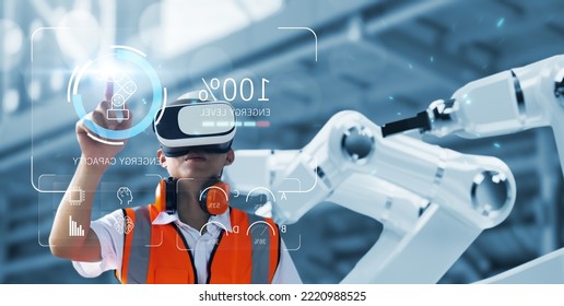 Engineer using virtual reality ui icon display screen using tablet device interacting with machine operating AI robot mechanical hand artificial intelligence technology, working in factory operation.
