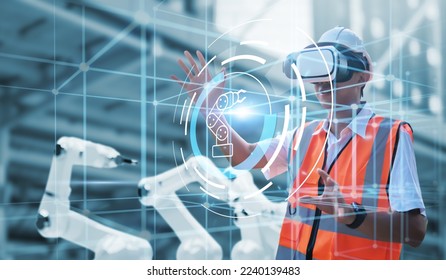 Engineer using virtual reality ui screen interacting with machine operating AI robot mechanical hand artificial intelligence technology, using tablet device control in factory, banner illustration - Powered by Shutterstock - Get 15% off with code: PIKWIZARD15