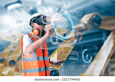 Engineer using virtual reality ui screen interacting with machine operating AI robot mechanical hand artificial intelligence technology, using tablet device control in factory, banner illustration - Powered by Shutterstock - Get 15% off with code: PIKWIZARD15