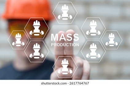 Engineer using virtual touch screen sees text: MASS PRODUCTION. Mass Production Industry Optimization Business concept. Factory, efficiency, standard, innovation, automation, assembly line, tech.