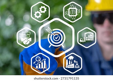 Engineer using virtual touch screen presses the icon of aim with check mark symbolizing SUCCESS. Success in industry production concept. Successful manufacturing development, plan and process.