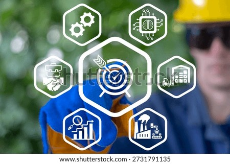 Engineer using virtual touch screen presses the icon of aim with check mark symbolizing SUCCESS. Success in industry production concept. Successful manufacturing development, plan and process.