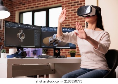 Engineer using vr glasses to manufacture gears product with virtual reality technology and cad software on computer. Technician engineering industrial machinery turbine with interactive headset. - Powered by Shutterstock