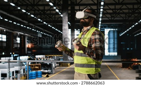 Engineer with VR headset exploring machinery hall in virtual reality cyberspace, metallic beams and steel work inside heavy industry factory, futuristic gadget and tech simulation.