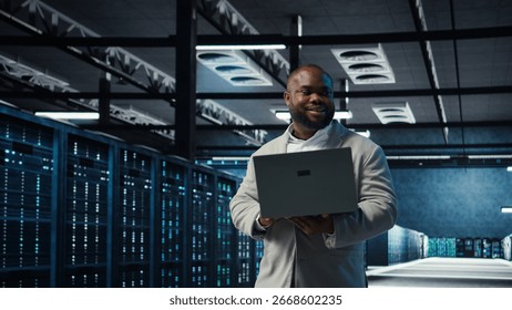 Engineer walking in data center using AI automation during maintenance session. African american server hub worker configuring deep learning models in hardware rigs, camera A