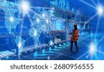 Engineer in a warehouse with a laptop, using digital technologies and global maps to manage logistics and supply chains.