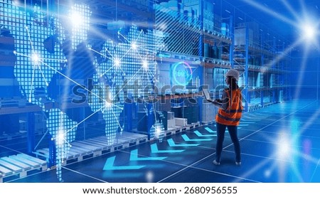Engineer in a warehouse with a laptop, using digital technologies and global maps to manage logistics and supply chains.