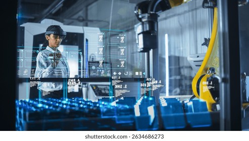 Engineer Wearing Augmented Reality Headset Operates Robotic Arm in a Factory, Interacting With Virtual Controls on a Transparent Holographic Interface. Advanced Machinery and Digital Displays. - Powered by Shutterstock - Get 15% off with code: PIKWIZARD15