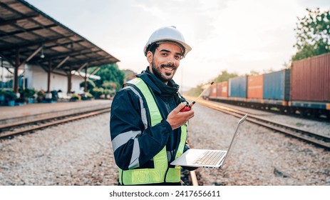 Engineer wearing safety uniform sitting on railway inspection. construction worker on railways. Engineer working on Railway. Rail, engineer, Infrastructure.