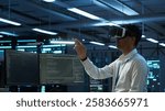 Engineer wearing VR headset in data center installing software on computer, troubleshooting issues. IT expert in server hub using virtual reality tech, establishing performance benchmarks, camera A