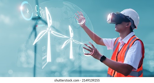 Engineer Wearing VR Technology Simulation Inspecting Wind Turbine Power Energy Levels Check Up Statistics, Futuristic Technology For Maintenance Safely, Eco Environmentally Sustainable Power Resources