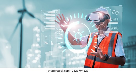Engineer wearing VR technology simulation control graphical screen interaction inspecting wind turbine providing electricity power to homes and cities, eco environmentally sustainable power resources