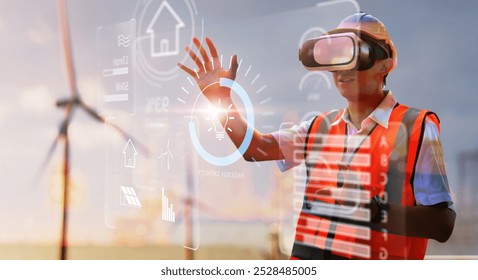 Engineer wearing VR technology simulation control graphical screen interaction inspecting wind turbine power energy levels check up statistics, eco environmentally friendly sustainable power resources