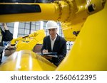 An engineer in a white hard hat inspects robotic arms in a factory setting. He is taking notes while examining the machinery, highlighting a focused work environment and advanced technology.