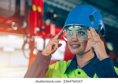 Engineer women using visual VR glasses innovation in advance engineering technology industry working support device