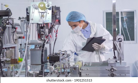 The Engineer Worker In Automated Manufacturing Medical Mask Prevention Coronavirus, Covid-19