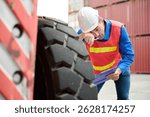 Engineer or worker checking solid rubber tire forklift and feeling tired from work in containers warehouse storage