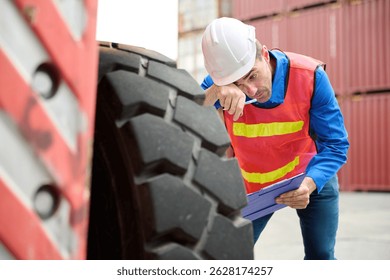 Engineer or worker checking solid rubber tire forklift and feeling tired from work in containers warehouse storage