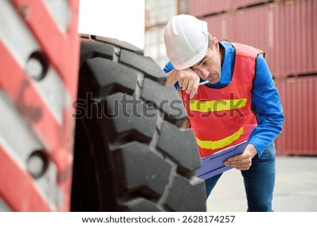 Engineer or worker checking solid rubber tire forklift and feeling tired from work in containers warehouse storage