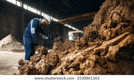 Engineer worker control quality clay for brick production, Ceramic factory industry.