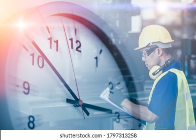 Engineer Worker Looking Service Check List In Factory Overlay With Time Clock For Working Hours Concept.