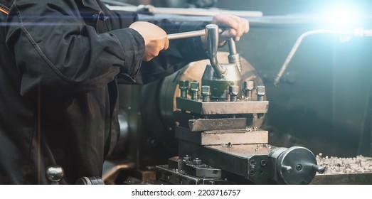 Engineer Worker Maintenance Machine Tool For Lathe Metal In Factory Close Up