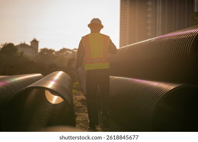 Engineer worker operations construction plans large black drainage pipe installing underground infrastructure heavy machinery importance of careful planning and teamwork in construction project.