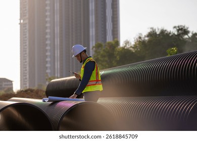 Engineer worker operations construction plans large black drainage pipe installing underground infrastructure heavy machinery importance of careful planning and teamwork in construction project.