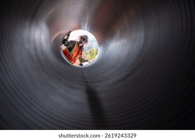 Engineer worker operations construction plans large black drainage pipe installing underground infrastructure heavy machinery importance of careful planning and teamwork in construction project.