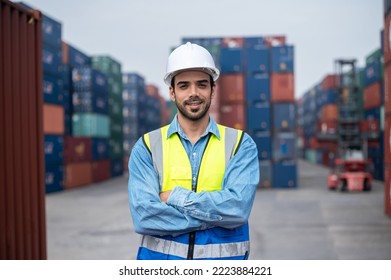 Engineer worker standing confident on site containers yard terminal background, Worker employee standing confident container logistic background.