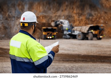 Engineer worker supervisor in high visibility jacket and helmet reviewing plans and work of truck at open pit mine for safety briefing. - Powered by Shutterstock - Get 15% off with code: PIKWIZARD15