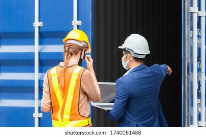 Engineer and worker team checking containers box from cargo, Logistic and teamwork concept