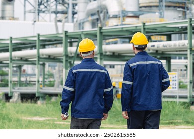 Engineer worker team working outdoor, Surveyor teamwork survey gas pipe oil transport pipeline deploy building project for refinery industry. - Powered by Shutterstock