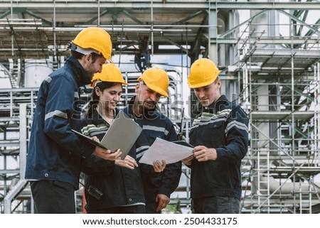Engineer worker team working outdoor, Surveyor teamwork survey petroleum gas pipe oil transport pipeline and construction building project for refinery industry.