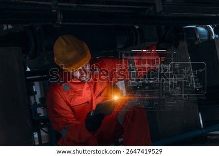 Engineer worker using modern technology digital innovation software service maintenance industry pipe infrastructure