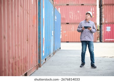 Engineer or worker walking and looking up to something in containers warehouse storage