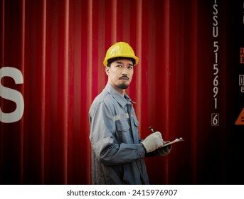 Engineer OR Worker is writing and check on checklist document during safety audit and inspection at container cargo yard