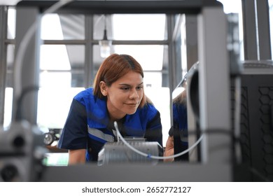 Engineer is working at 3D printing workshop. Engineering, technology.