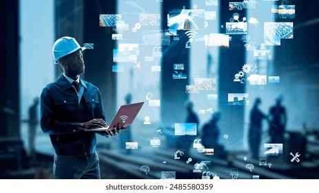 Engineer working in construction site and digital technology concept.