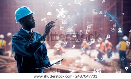 Engineer working in construction site and digital technology concept.