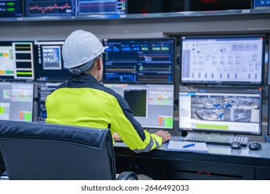 Engineer working at control room, Manager control system, Technician man monitoring program from a lot of monitor.Specialist observes analytics dashboard,operator inspects digital interface