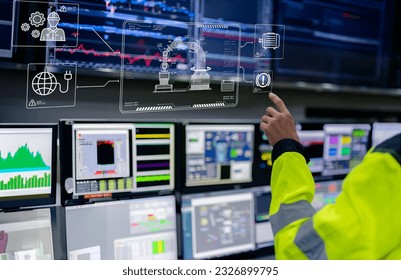 Engineer working at control room,Manager control system,Technician man monitoring program from a lot of monitor