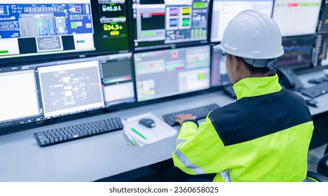 Engineer working at control room,Manager control system,Technician man monitoring program from a lot of monitor