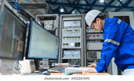 Engineer working at control room,Manager control system,Technician man monitoring program from a lot of monitor